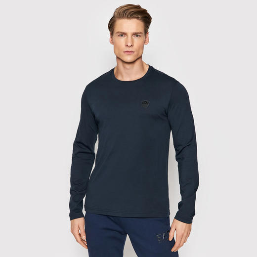 EMPORIO ARMANI 阿玛尼 男士棉质微型徽标贴片圆领长袖T恤 深蓝色 8NPT09 PJNQZ 1578 商品图1