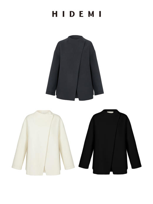 HIDEMI 美利奴双面羊毛不对称设计感翻领大衣 商品图7