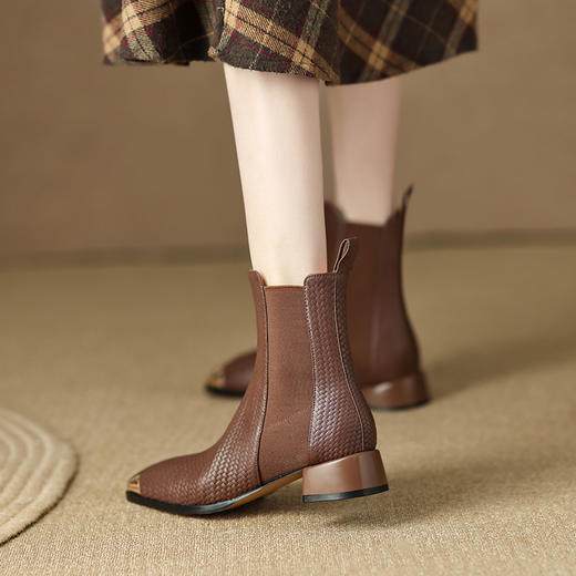 金属包头短靴，方头低跟粗跟瘦瘦靴LD-6185 商品图2