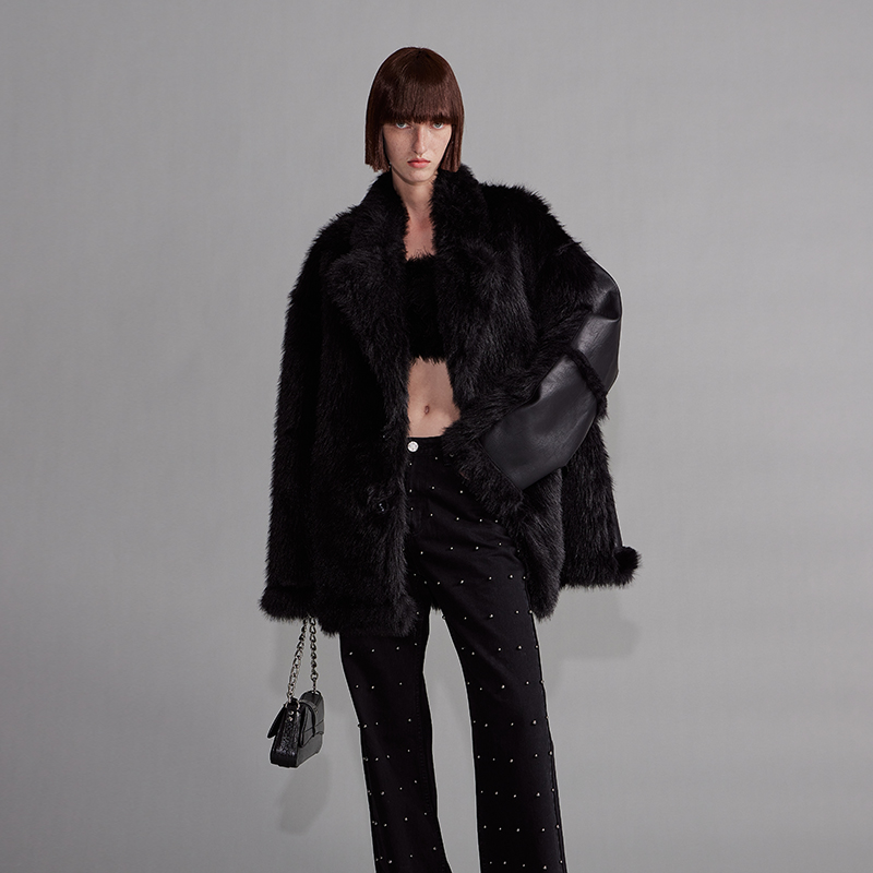   NUTH“移调曲”｜黑色皮草大衣中长款宽松皮毛一体外套