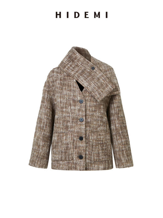 HIDEMI 羊毛色织混纺翻领多穿式加厚极简气质廓形长款大衣/围巾短外套 商品图14