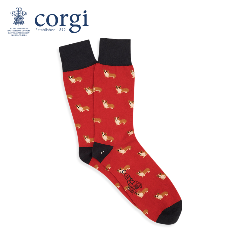 CORGI英国进口男士袜子本命年女红色柯基狗狗印花中筒袜秋冬季款