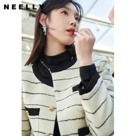 NEELLY纳俪商场同款气质黑白条纹小香风外套女短款上衣小个子百搭N22104C03315 商品图2