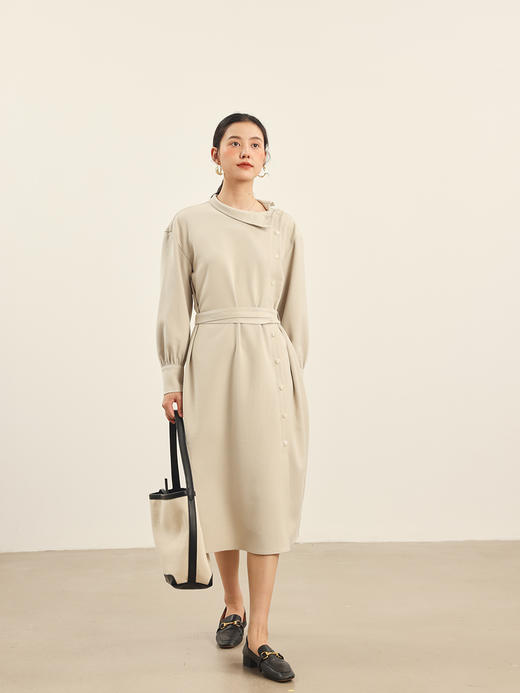 HeyDress法式立领连衣裙女秋冬纽扣设计感宽松收腰长袖优雅裙子 商品图2