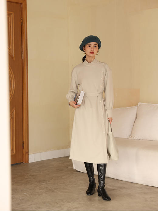 HeyDress法式立领连衣裙女秋冬纽扣设计感宽松收腰长袖优雅裙子 商品图0