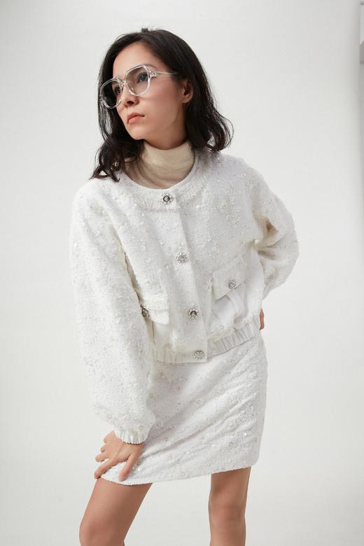 手工钉珠粗花呢白色拼接外套 商品图2