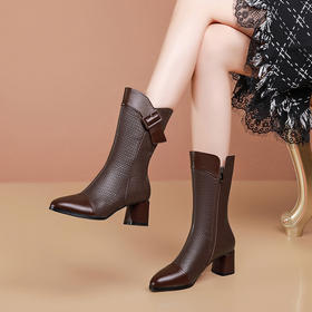 复古百搭，粗跟格子中筒靴TFJC-W82