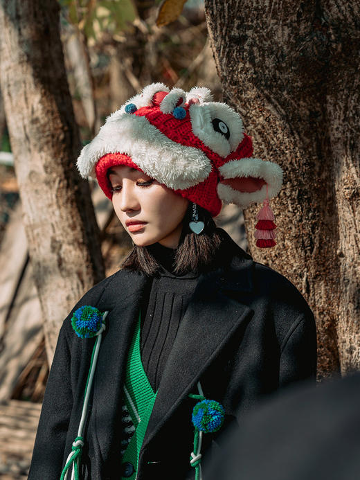 【1.21-2.6停发】芽小七原创国潮红色醒狮毛线保暖帽子成品男女冬季东北加绒防寒 商品图3