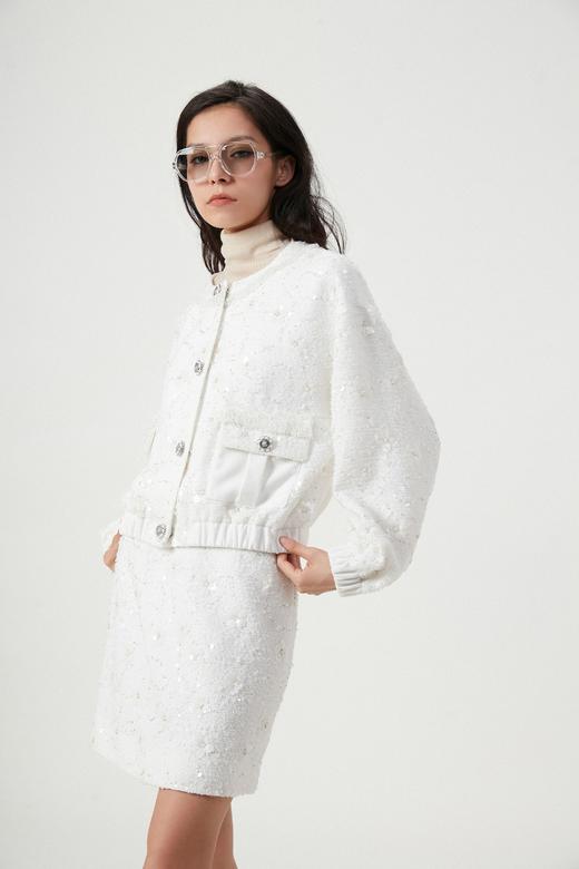 手工钉珠粗花呢白色拼接外套 商品图1