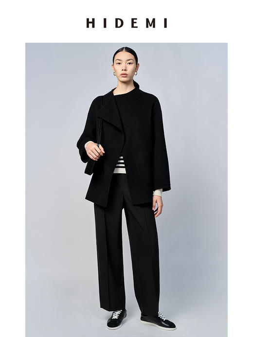 HIDEMI 美利奴双面羊毛不对称设计感翻领大衣 商品图12