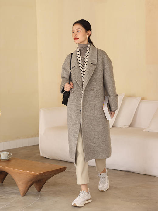 HeyDress丝兔绒毛呢外套女秋冬宽松收腰双面呢感温柔羊毛大衣 商品图2