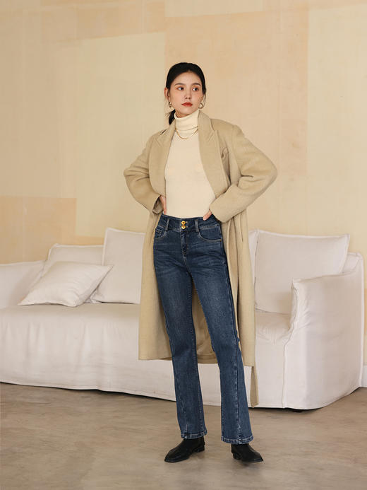 HeyDress复古加绒牛仔裤女秋冬高腰修身显瘦百搭马蹄裤微喇裤子 商品图0