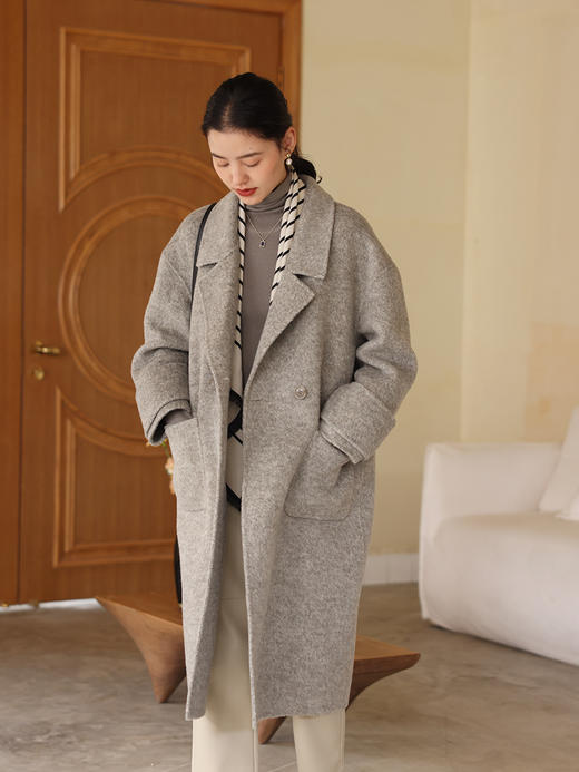 HeyDress丝兔绒毛呢外套女秋冬宽松收腰双面呢感温柔羊毛大衣 商品图3
