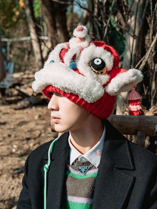 【1.21-2.6停发】芽小七原创国潮红色醒狮毛线保暖帽子成品男女冬季东北加绒防寒 商品图2