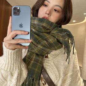 【新款时尚百搭 韩版舒适情侣围巾】咸菜绿格子双面流苏围巾女复古舒适感秋冬季加厚保暖格纹披肩围脖