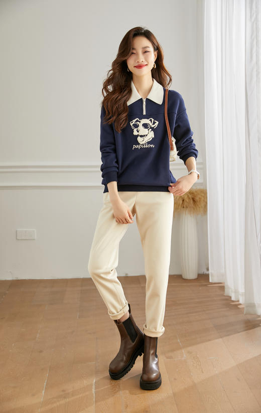 【年货节】熙世界假两件撞色翻领卫衣女加绒宽松设计感套头上衣秋冬新款 商品图5