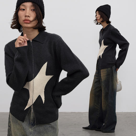 CryingCenter 一颗彗星辣妹针织开衫 泥炭黑双拉链修身 哭喊中心 商品图2