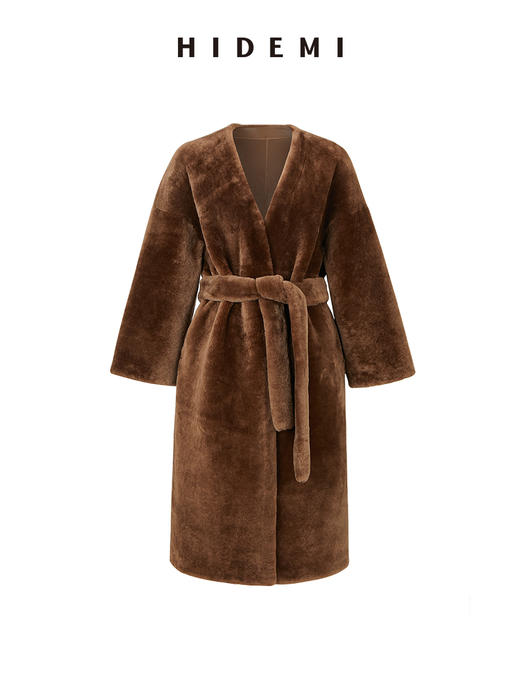 HIDEMI 棕色V领浴袍腰带式极简廓形中长款皮毛一体大衣皮衣 商品图14