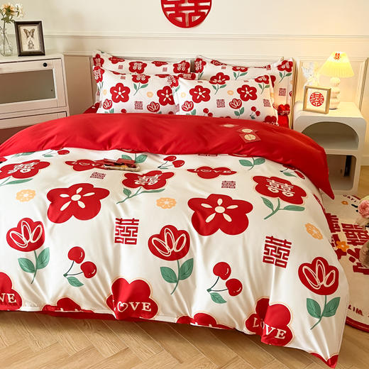 【婚喜斜纹磨毛印花四件套】结婚床上用品婚庆四件套大红色喜被新婚床单加厚床笠磨毛陪嫁被套 商品图2