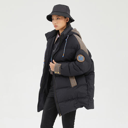 谜底2022冬季新品撞色宽松中长款连帽羽绒服加厚外套女229MY6185 商品图1