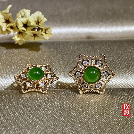 18K玫瑰金和田玉（碧玉）镶钻耳钉--六瓣花 /半珠直径5mm/苹果绿 商品图6