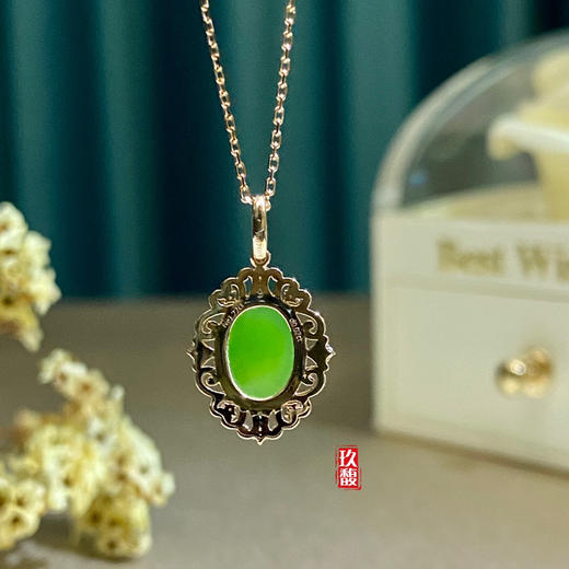18K玫瑰金和田玉（碧玉）镶钻吊坠-锦荣/八面切割蛋面6*8mm/苹果绿 商品图2