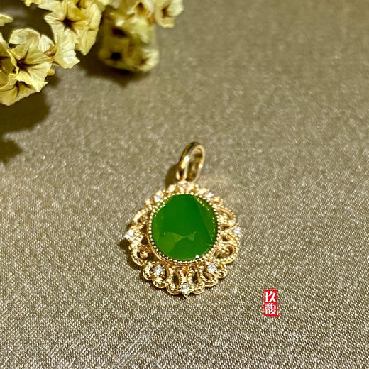 18K玫瑰金和田玉（碧玉）镶钻吊坠-锦荣/八面切割蛋面6*8mm/苹果绿 商品图6