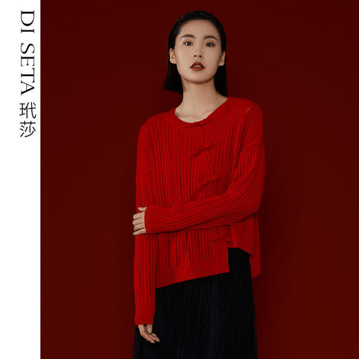 玳莎盘扣假门襟毛衣女秋冬宽松复古设计感套头高级针织毛衫 CD33311 商品图0