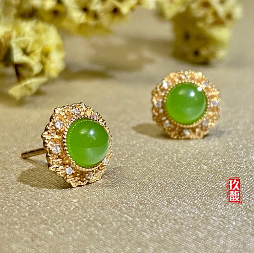 18K玫瑰金和田玉（碧玉）镶钻耳钉--锦欣 /半珠直径4.5mm/苹果绿 商品图4