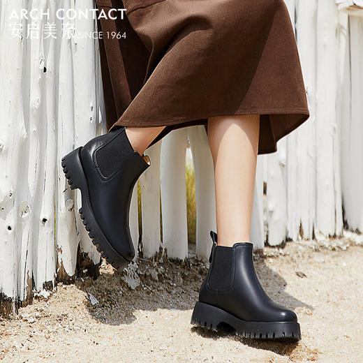 ARCHCONTACT安启美奈牛皮圆头厚底切尔西靴 商品图1