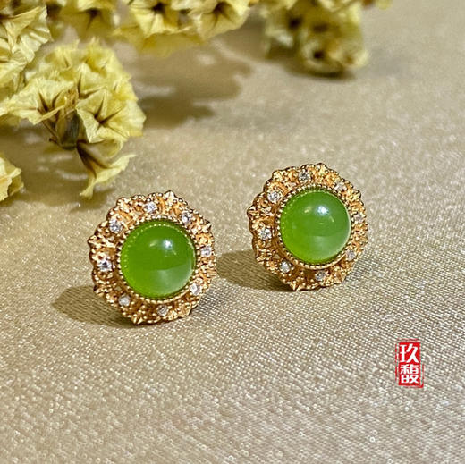 18K玫瑰金和田玉（碧玉）镶钻耳钉--锦欣 /半珠直径4.5mm/苹果绿 商品图2