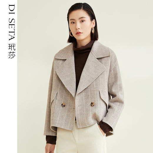 玳莎短款毛呢外套女2022冬新款简约条纹复古显瘦双面呢大衣小个子 CD37303 商品图0