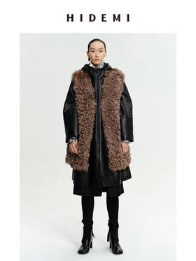 HIDEMI 西班牙皮毛一体咖啡色中长款廓形皮衣马甲