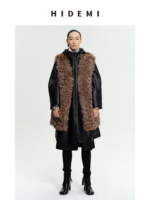 HIDEMI 西班牙皮毛一体咖啡色中长款廓形皮衣马甲 商品图0