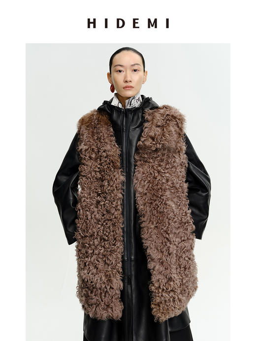 HIDEMI 西班牙皮毛一体咖啡色中长款廓形皮衣马甲 商品图1