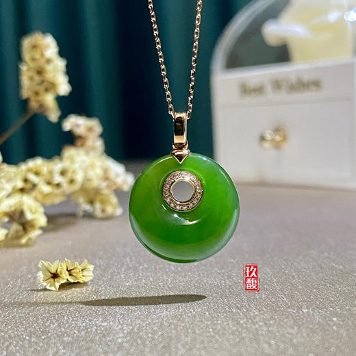 18K玫瑰金和田玉（碧玉）镶钻吊坠-月影婆娑 /高抵扣直径16mm/菠菜绿 商品图4