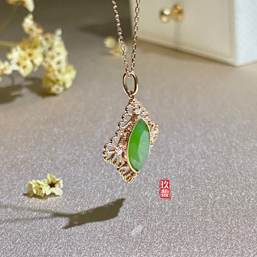 18K玫瑰金和田玉（碧玉）镶钻吊坠-锦绣/八面切割马眼6*12mm/苹果绿 商品图1