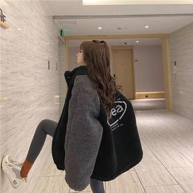 港风炸街羊羔毛外套女冬韩版宽松bf复古风加棉加厚毛绒夹克潮