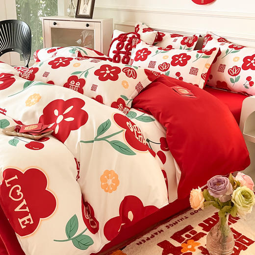 【婚喜斜纹磨毛印花四件套】结婚床上用品婚庆四件套大红色喜被新婚床单加厚床笠磨毛陪嫁被套 商品图3