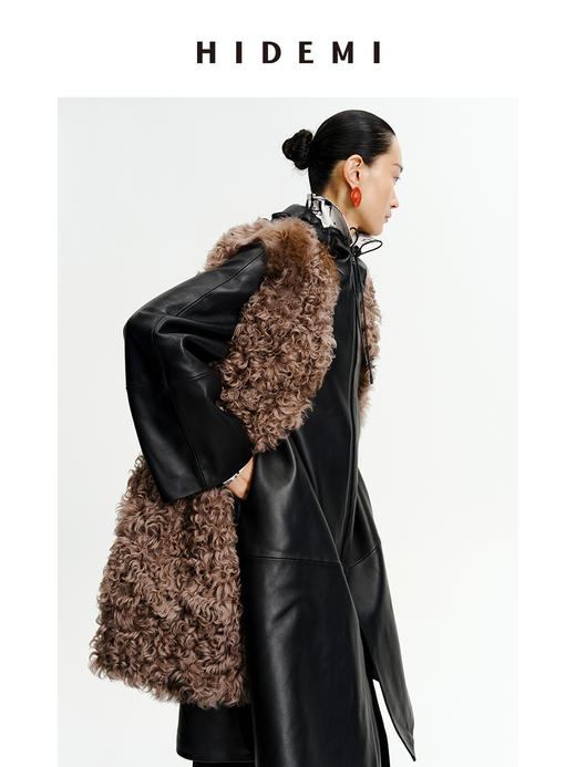 HIDEMI 西班牙皮毛一体咖啡色中长款廓形皮衣马甲 商品图7
