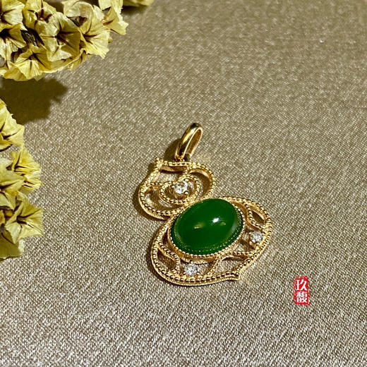 18K玫瑰金和田玉（碧玉）镶钻吊坠-葫芦 /蛋面6*8mm/苹果绿 商品图3