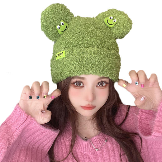 【韩版潮流针织帽 男女时尚饰品】韩版萌趣可爱青蛙保暖包头帽子女秋冬季新款护耳帽卡通百搭套头帽 商品图4
