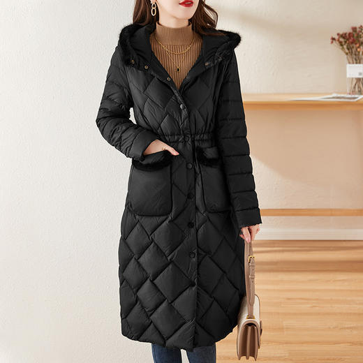 水貂毛连帽鸭绒羽绒服2022冬季新款收腰显瘦中长上衣外套ZS-8276 商品图1