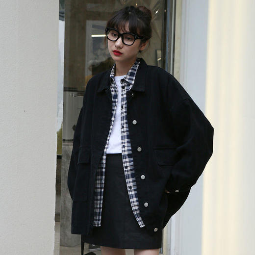 工装外套女潮ins秋季韩版宽松学生百搭复古新款长袖外穿黑色上衣 商品图3