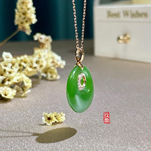 18K玫瑰金和田玉（碧玉）镶钻吊坠-月影婆娑 /高抵扣直径16mm/菠菜绿 商品图5