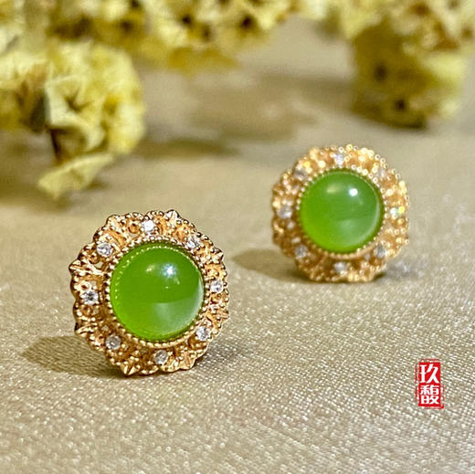 18K玫瑰金和田玉（碧玉）镶钻耳钉--锦欣 /半珠直径4.5mm/苹果绿 商品图3