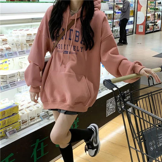 新款时尚百搭加绒加厚连帽卫衣女秋冬2022新款宽松韩版时尚学生外套长袖上衣潮 商品图3