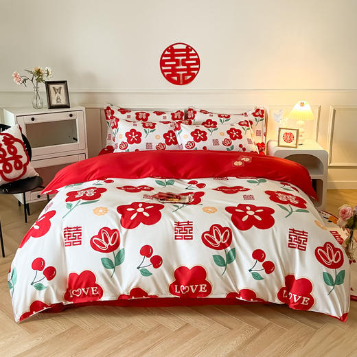 【婚喜斜纹磨毛印花四件套】结婚床上用品婚庆四件套大红色喜被新婚床单加厚床笠磨毛陪嫁被套 商品图1