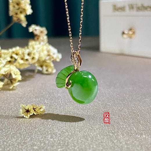 18K玫瑰金和田玉（碧玉）镶钻吊坠-福袋/袋型12*14mm/菠菜绿 商品图2