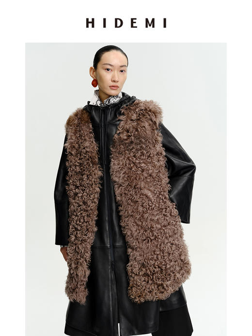 HIDEMI 西班牙皮毛一体咖啡色中长款廓形皮衣马甲 商品图2